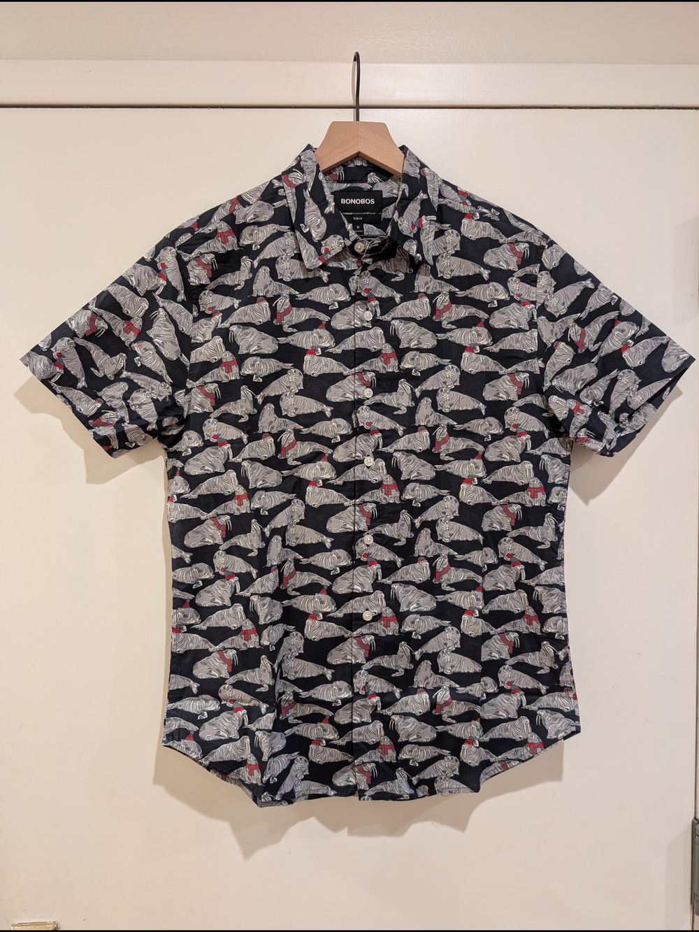 Bonobos Charcoal Black Button-Down Shirt with Gray and Red Walrus Print